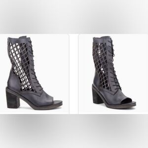 Vintage Foundry Co Sz 8 Open Toe Lace Up Midi Boots Normandy Laser Cut Leather